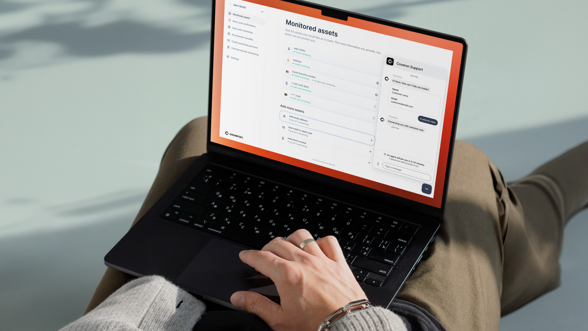 Coveron desktop protection dashboard showing monitored security alerts.